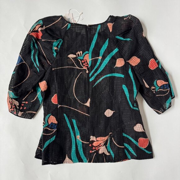 Rebecca Taylor Womens 10 Bloom Blouse 3/4 Sleeve Black Floral Sheer Print Silk - Picture 4 of 7